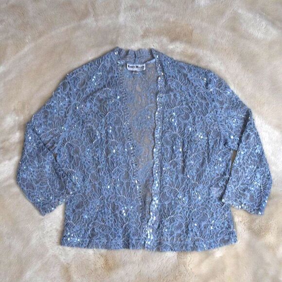 Karen Miller VTG Sequin Blazer L Light Blue Sheer Open Cardigan Glam Beaded - Picture 6 of 16